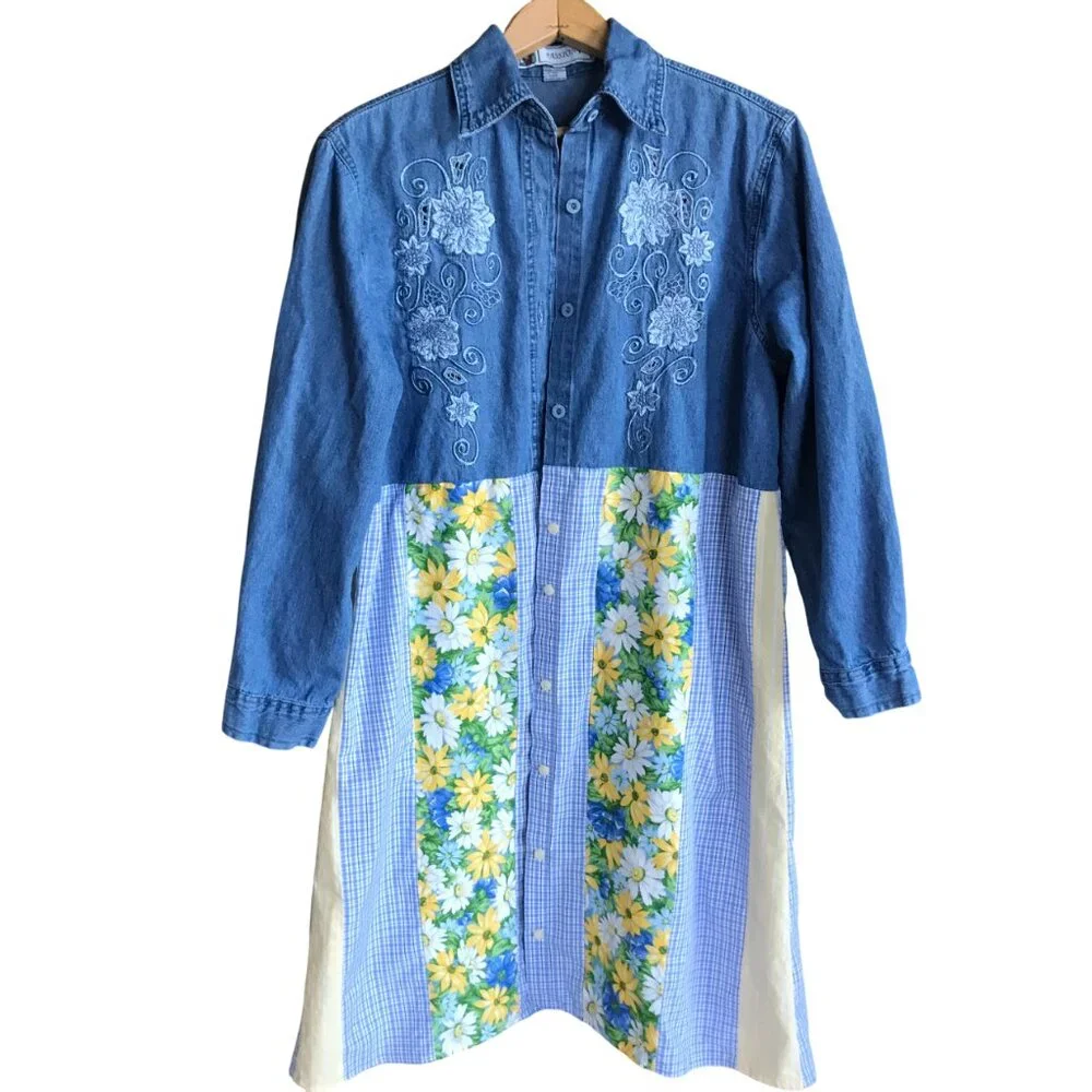 Patchwork Denim Duster, Upcycled Boho Layering Jacket Spring Daisies Size Large - Picture 6 of 14
